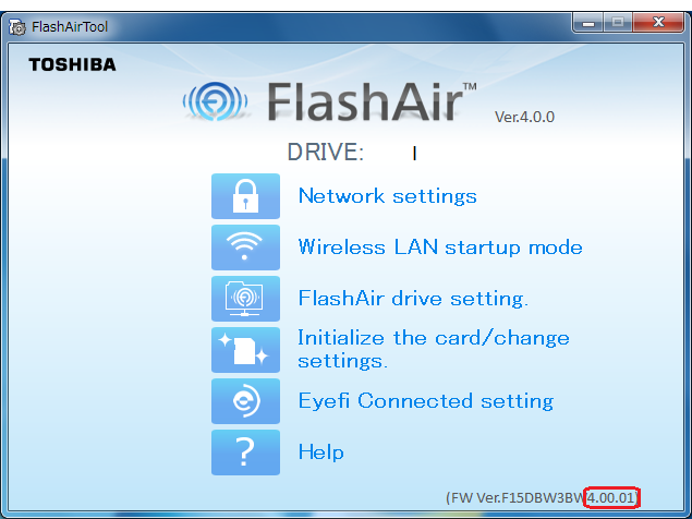 Open the "FlashAir™ Configuration Software". You can find the software version at the bottom-right corner of the Main Menu window.
